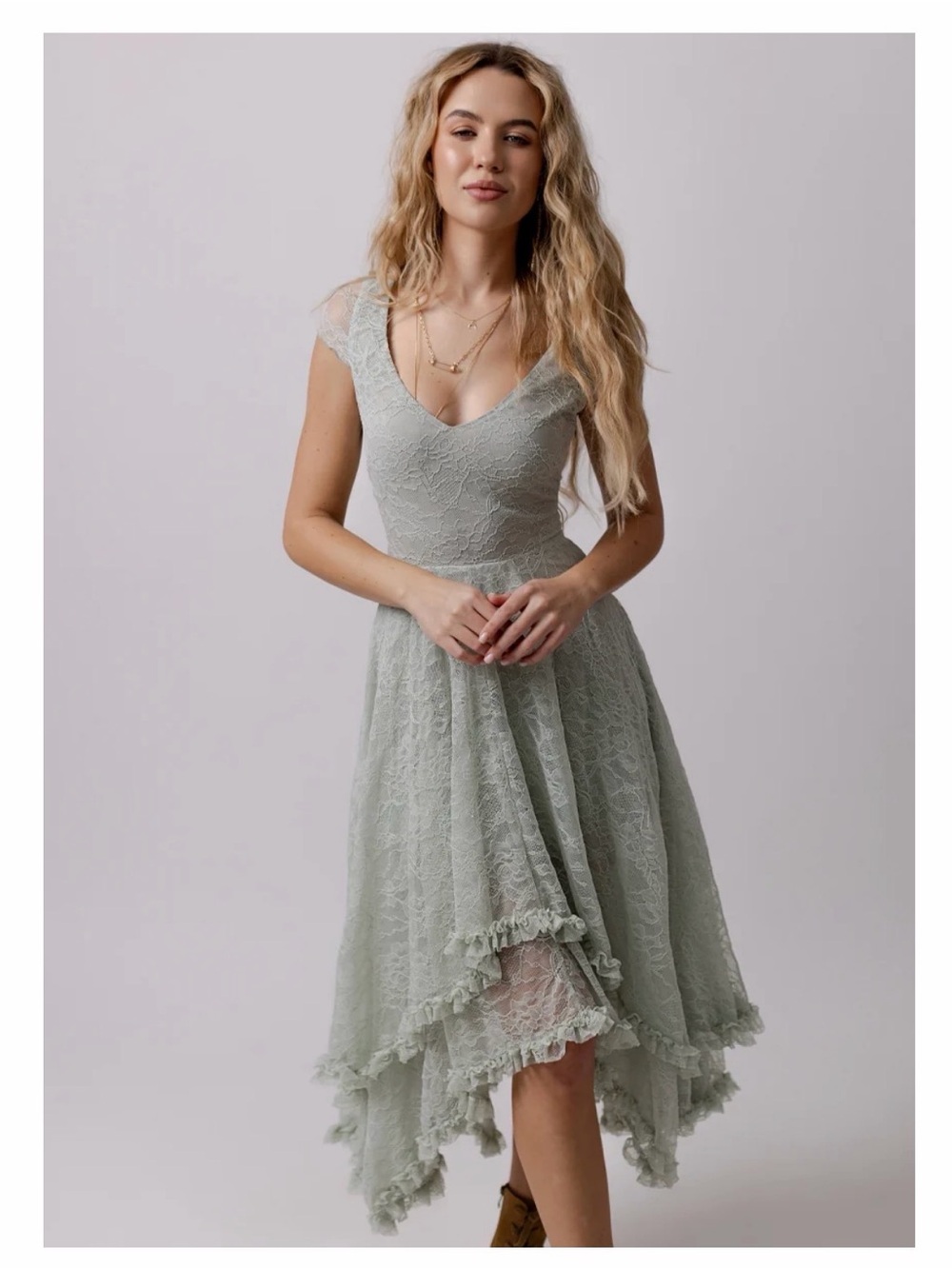Joyfolie Fernilia Sage Green Lace High-Low V-Neck Dress